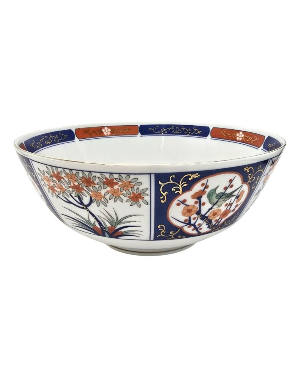 Japanese Style Porcelain Bowl With Floral & Bird Motif Blue & Rust Gold JE347